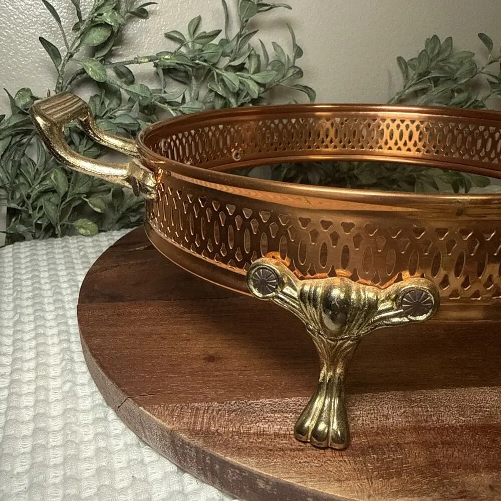 Copper Brass Gallery Bowl Holder Casserole Stand Footed Hollywood Regency Vtg